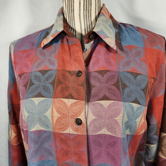 Alfred Dunner Multicolor Flower Block Print Button Down Top Petite Size 10P - Picture 2 of 9